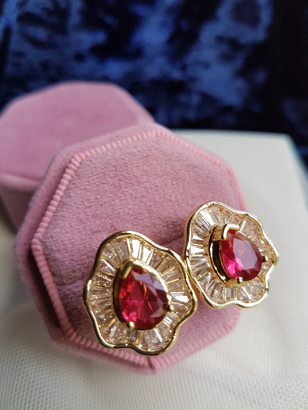 Swarovski Elements Gold Plated Fuchsia Oval Gem with Baguette Halo Earrings NEW
